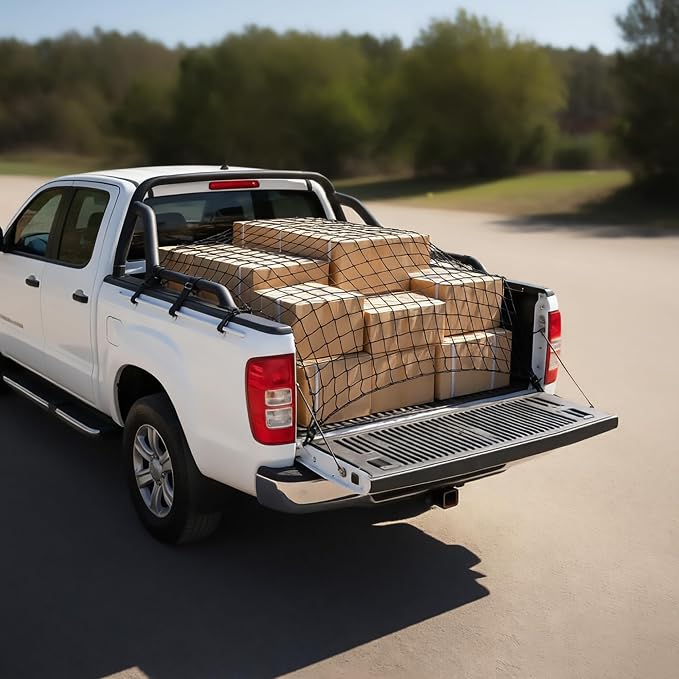 Heavy Duty Truck Bed Cargo Net (4'x6' to 8'x12') - 4"x4" Tight Mesh, 12 Metal Carabiners - Weather Resistant Latex Bungee Net for Pickup Trucks, Trailers, ATVs, Moving, Camping & Overlanding