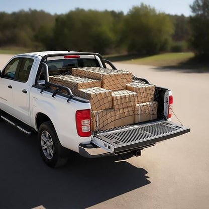 Heavy Duty Truck Bed Cargo Net (4'x6' to 8'x12') - 4"x4" Tight Mesh, 12 Metal Carabiners - Weather Resistant Latex Bungee Net for Pickup Trucks, Trailers, ATVs, Moving, Camping & Overlanding
