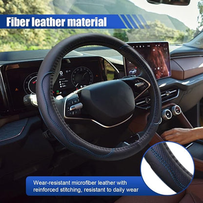 Car Steering Wheel Cover, 15 Inch Leather Anti-Slip Breathable Automotive Steering Wheel Protector, Universal Heat Resistant Vehicle Interior Accessories Cars, SUVs, Trucks(BlackBlue)