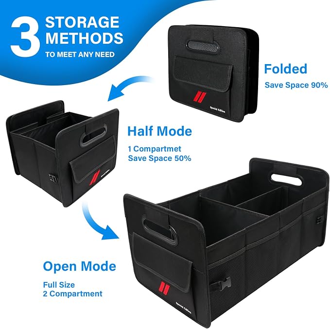 Car Trunk Organizer for Dodge Charger Durango Challenger Collapsible 2 Compartment Automotive Storage Box with Handle Non Slip Bottom Sturdy Side Walls for Dodge Accessories (Red)