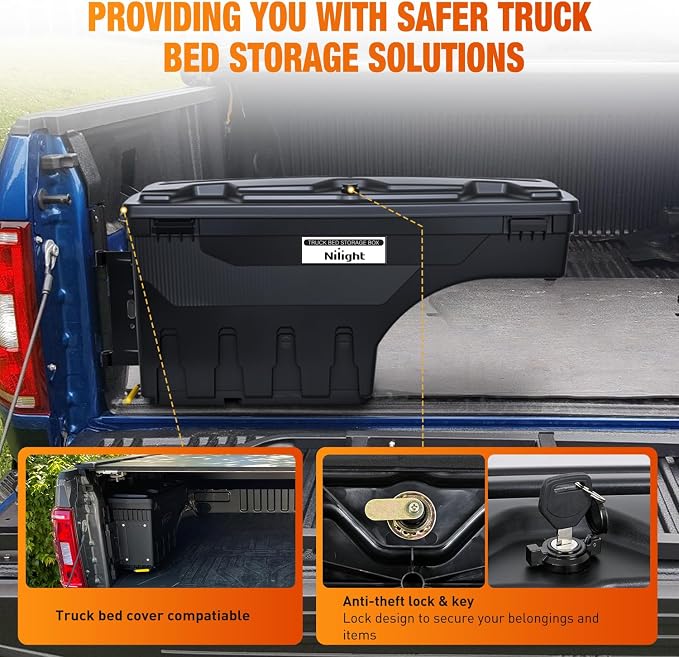 Nilight Truck Bed Tool Box Left Drivers Side Truck Tool Box Fit for Toyota Tundra 2007-2021 ABS Swing Case Truck Bed Storage Box with Lockable Lid Waterproof Wheel Well Toolbox Black