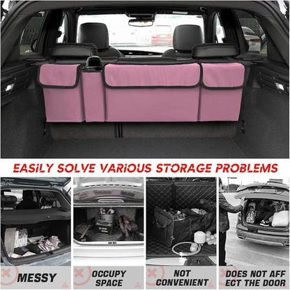BELOMI Car Trunk Organizer, Auto Waterproof Sturdy Backseat Hanging Large Storage Collapsible Cargo Bag with Anti-Slip Adjustable Strip&4 Pockets, Vehicle Interior Accessories for Man Woman (Pink)