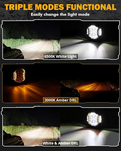 Auxbeam V-Ultra Series 7 Inch LED Pod Lights, 226W 26800LM Side Shooter Offroad Round Pods with Amber DRL& Black Cover, 270° Ultra-Wide Spotlights Universal Dual Color Light for Jeep ATV UTV, Pair