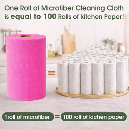 Microfiber Cleaning Cloth Roll - 100 Pack Tear Away Microfiber Paper Towels, Reusable, Washable, Scratch-Free, Kitchen Towels for Car, Home, Kitchen, Glass, Dishes (Hot Pink)