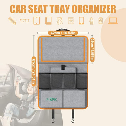 Plzpik Car Backseat Organizer with Tablet Holder,11 Storage Pockets with Foldable Food Tray, Protector Kick Mats for Kids, Travel Accessories Organizer (Orange, 1Pack)
