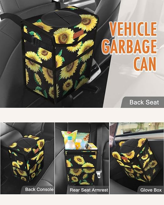 Pritent Car Trash Can with Lid, Cute Leakproof Car Trash Garbage Bag Hanging Vehicle Trash Bin Small Portable Automotive Garbage Cans Organizer for Back/Front Seat/Console(Trapezoid,Sunflower)