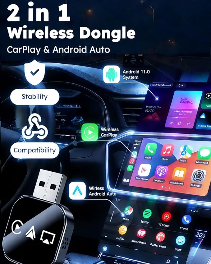 Wireless Carplay Adapter to Play TV on Car Screen 3 in 1 USB A/C Android Auto Bluetooth Video Box Screen Mirror iOS Phone Wired to Wireless Screen Mirroring Car Play Accessories for iPhone