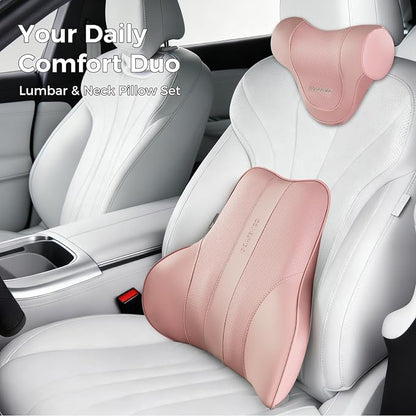 Coverado Car Headrest Pillow, Ergonomic Memory Foam Car Neck Pillow for Driving Seat with Adjustable Strap, Soft PU Leather Breathable Removable Cover Neck Support for Neck Pain Relief, Pink