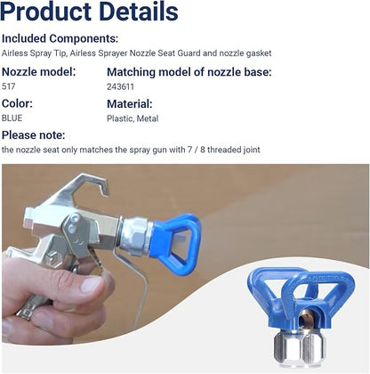 Airless Spray Tip for Standard Airless Paint Spray ，Includes 517 Nozzle tip,7/8" Nozzle seat and Nozzle Gasket (Blue)