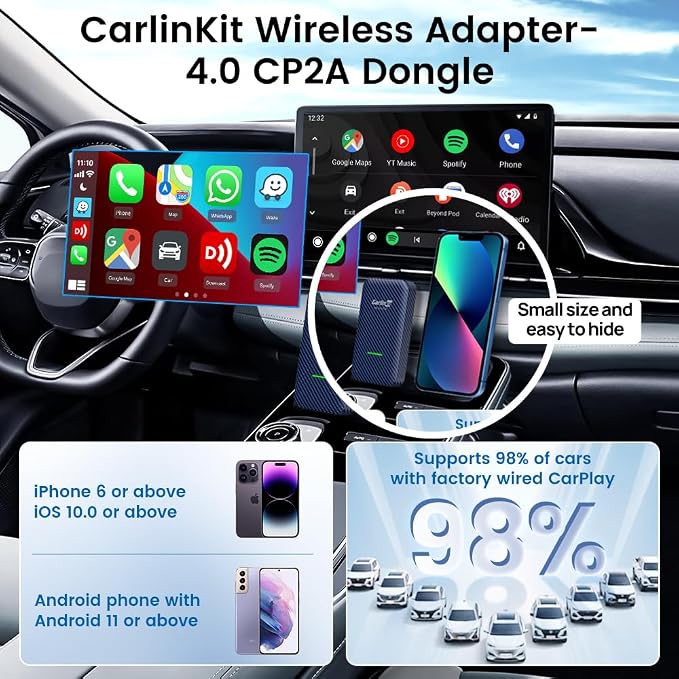 CarlinKit 4.0 CP2A Adapter for Wired CarPlay Car, 2 in 1 Convert Wired CarPlay to Wireless, Wireless Android Auto for Android 10+