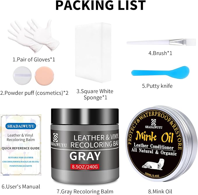 SHADAIWUYU 8.5oz Leather Recoloring Balm with 100ml Mink Oil,Gray Leather Repair kit for Furniture and Car Interior,Leather Couch Scratch Repair,Leather Dye Paint,Mink Oil for Leather