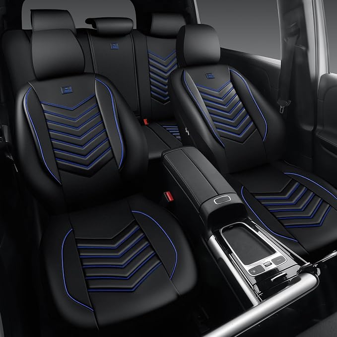CAR PASS 3D Foam Faux Leather Seat Covers Full Set, Waterproof Leather Seat Cover for Cars, Luxury Universal Fit for SUV Truck Sedan Automotive, Armrest Airbag Compatible Anti-Slip, Black and Blue