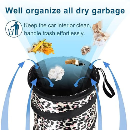 Car Trash Can, 2 Packs Mini Car Garbage Can, Collapsible Trash Bin | Pop-Up Trash Can for Front Back Seat, Portable Trash Bag Hanging for Vehicle SUV Rv Truck Accessories Interior, Leopard Print