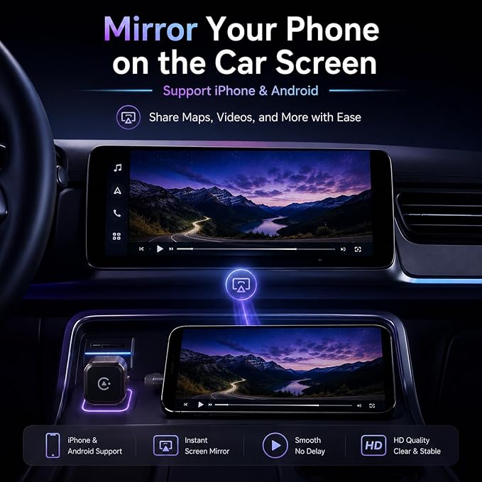 4-in-1 Wireless CarPlay Adapter, Screen Mirroring Adapter for Car to Play TV & Movies, Convert Factory Wired to Wireless CarPlay & Android Auto, Plug & Play Car Screen Movie Player Device