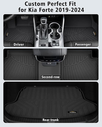Floor Mats & Cargo Liner Custom Fit for Kia Forte 2019-2024 Sedan, S | EX | FE | LX | LXS | GT | GT-Line All Weather TPE Rubber Floor Liners Full Set Automotive Mat for Kia Forte Accessories
