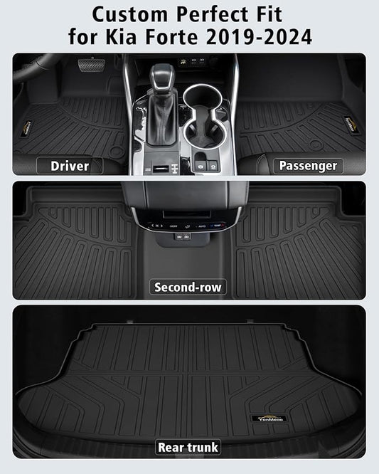 Floor Mats & Cargo Liner Custom Fit for Kia Forte 2019-2024 Sedan, S | EX | FE | LX | LXS | GT | GT-Line All Weather TPE Rubber Floor Liners Full Set Automotive Mat for Kia Forte Accessories