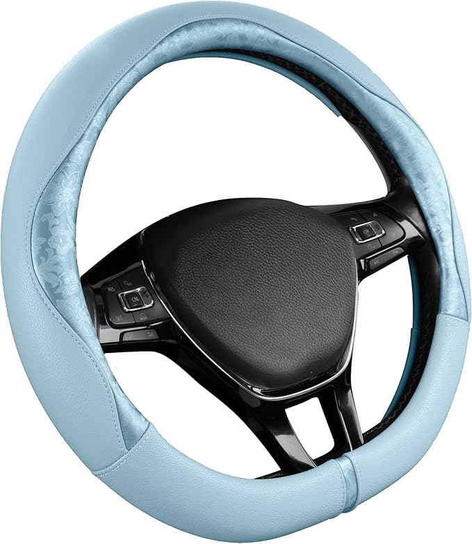 PIC AUTO Steering Wheel Cover, Light Blue Patterned Leather Patchwork Design, Universal Fit 14.5"–15.5" D-Shape Steering Cover, Soft PU Grain Leather, Durable Grip Car Accessory for Girls & Women
