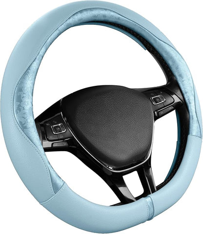 PIC AUTO Steering Wheel Cover, Light Blue Patterned Leather Patchwork Design, Universal Fit 14.5"–15.5" D-Shape Steering Cover, Soft PU Grain Leather, Durable Grip Car Accessory for Girls & Women
