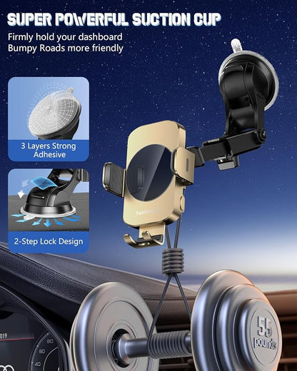 3-in-1 Wireless Car Charger Mount, 15W Fast Charging Auto-Clamping Phone Holder for iPhone 17 16 15 14, Samsung Galaxy S24 S23, Dashboard, Vent & Windshield Car Mount(Amber Yellow)