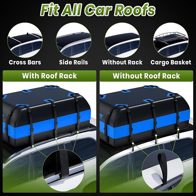 APTY 23 Cubic Feet Car Rooftop Cargo Bag Carrier, Soft Roof Top Luggage Bag for All Vechicles with/Without Racks - with Waterproof Zip, Luggage Lock, Anti-Slip Mat, Storage Bag, Door Hooks, Blue