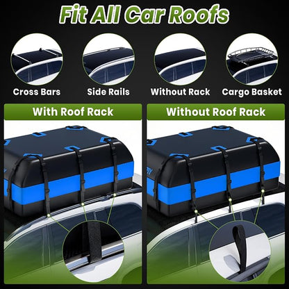 APTY 23 Cubic Feet Car Rooftop Cargo Bag Carrier, Soft Roof Top Luggage Bag for All Vechicles with/Without Racks - with Waterproof Zip, Luggage Lock, Anti-Slip Mat, Storage Bag, Door Hooks, Blue