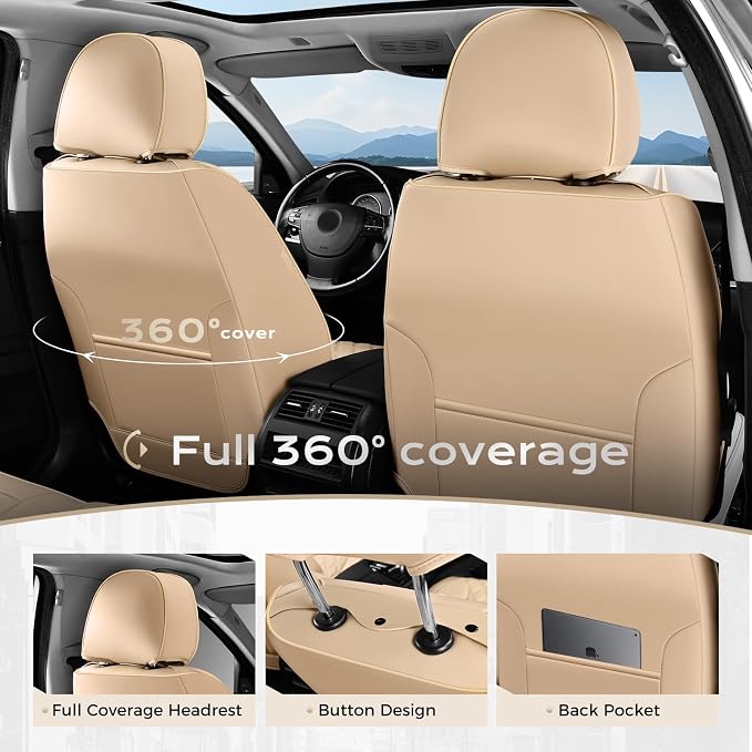 Coverado Full Set Leather Car Seat Covers, Waterproof Faux Leather Seat Covers, Beige Car Seat Protectors, 5 Seats, Universal Fit for Most Cars & SUVs-Beige