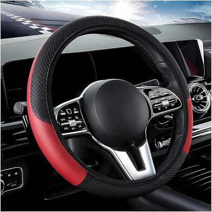 DXNQ Car Steering Wheel Cover, 15 Inch Carbon Fiber Leather Stitching Color Steering Wheel Protector, Anti-Slip Elastic Breathable Steering Wheel Cover Stylish Decor for Most Cars (Black&Red, AD)