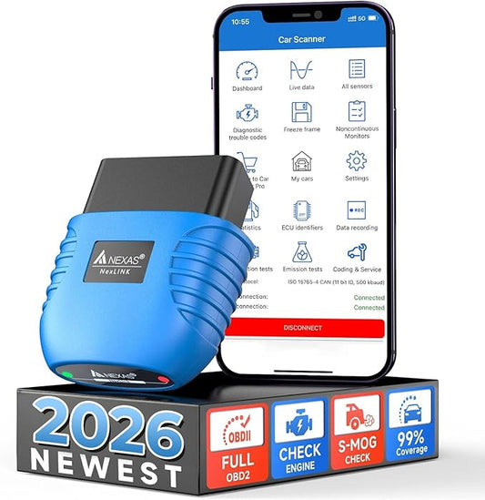 NEXAS NexLINK Bluetooth OBD2 Scanner for Car - Check Engine Light Code Reader with Live Data & Performance Test, Wireless Diagnostic Scan Tool with Resets for All US Vehicles, Works with iOS Android