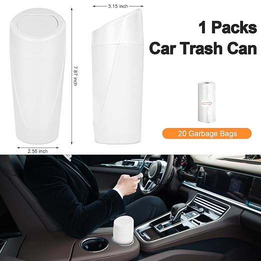 Car Trash Can, Leakproof Mini Car Garbage Can Cup Holder with Lid | Car Door Trash Bin with 20 Trash Bags, Vehicle Front Back Seat Organizers and Storage for Car, Home, Office, White