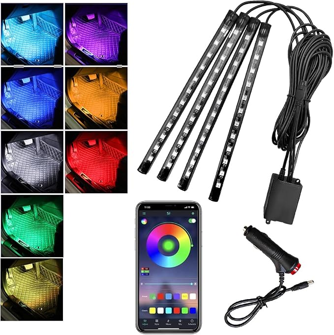 povtii Car Led Interior Lights, RBG 48 LED Multicolor Music Auto Interior Strip Light with APP Control, Waterproof Lighting Lamp Kit Under Dash with Charger, Car Accessories (Cigarette Lighter)