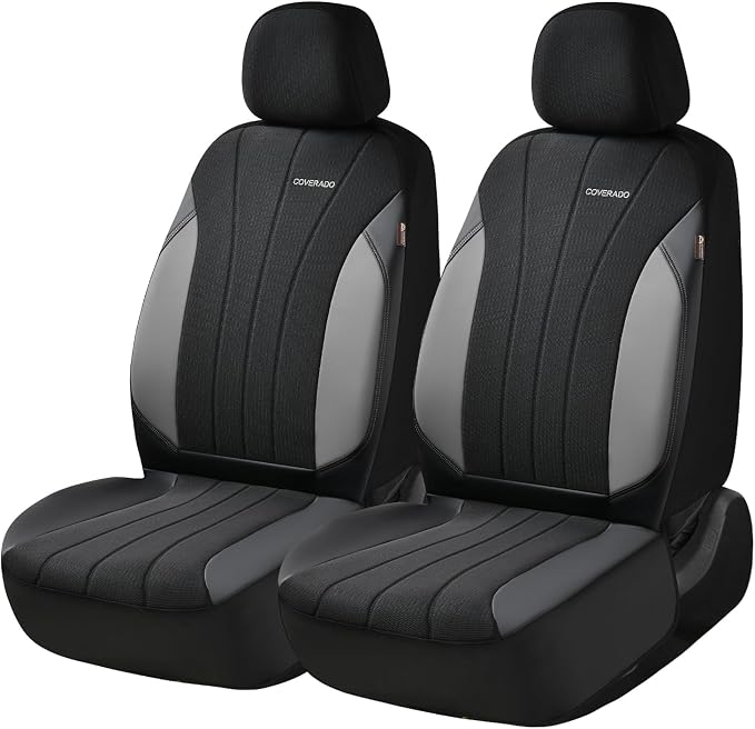 Coverado Seat Covers for Car 2 Seats, Leather Car Seat Covers Fullset, Breathable Mesh Front and Rear Protectors, Grey Luxury Automotive Covers, Universal Fit for SUV, Truck, Sedan