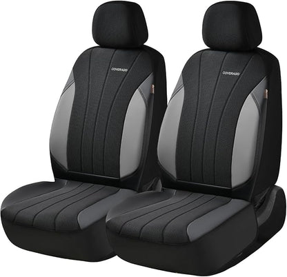Coverado Seat Covers for Car 2 Seats, Leather Car Seat Covers Fullset, Breathable Mesh Front and Rear Protectors, Grey Luxury Automotive Covers, Universal Fit for SUV, Truck, Sedan
