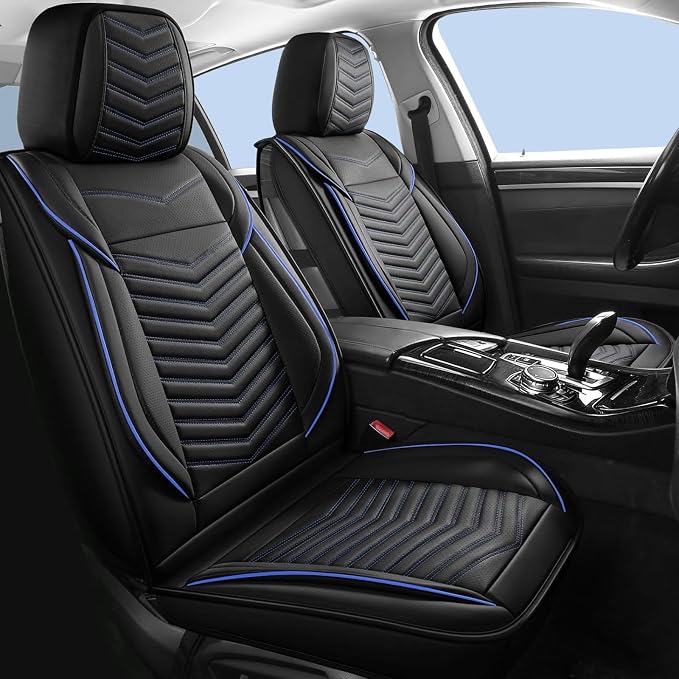 HChengkikz Car Seat Covers, Breathable and Waterproof Faux Leather Automotive Seat Covers, Universal Anti-Slip Driver Seat Cover for Cars SUV Pick-up Truck Sedan (5 PCS Full Set, Black + Blue)