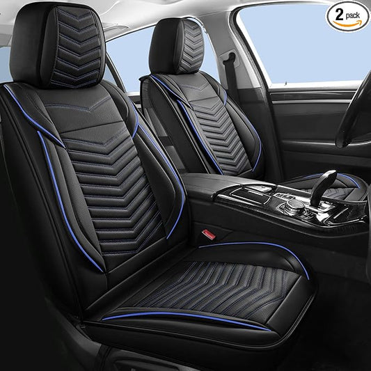 HChengkikz Car Seat Covers, Breathable and Waterproof Leather Seat Covers for Cars, Universal Anti-Slip Driver Seat Cover for Most SUV Pick-up Truck Sedan (2 PCS Front Seat, Black + Blue)