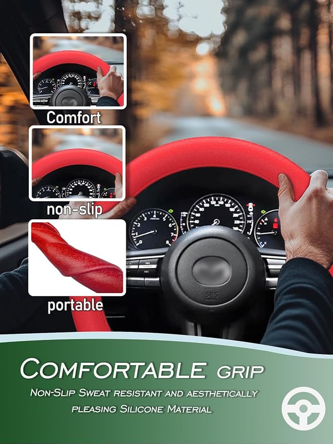 LRITER Car Steering Wheel Cover, Non-Slip Silicone Material, Multiple Color Choices, Universal Auto Parts Steering Wheel Cover, Suitable for Most Cars (Red)