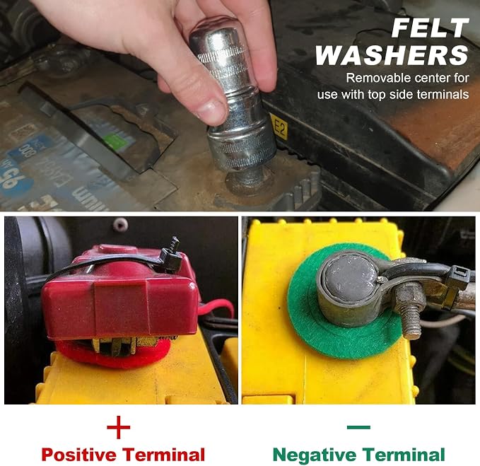 2 PCS Battery Terminal Cleaner Tool Kit, Auto Top & Side Terminals Cleaning Brushes with Anti-Corrosion Washers, Battery Post Steel Bristles Brush for Car Truck Marine Boat
