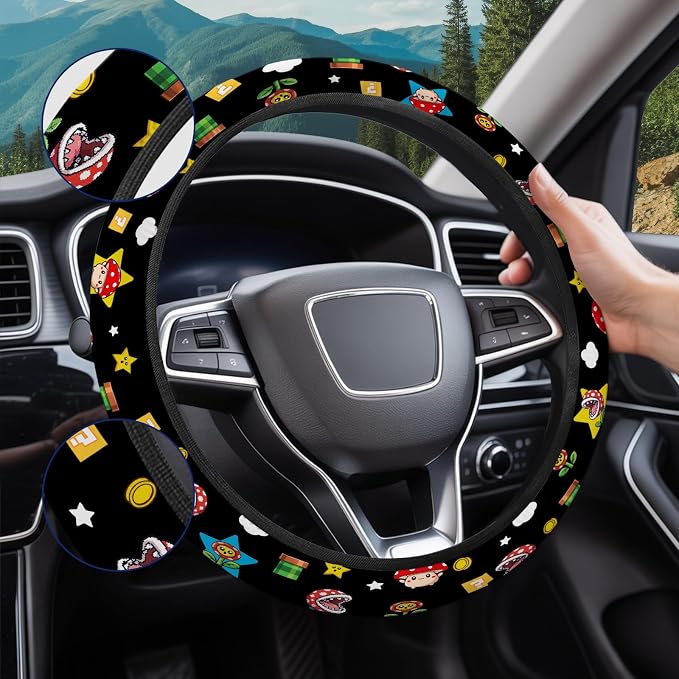 GENANY Retro Handheld Game Steering Wheel Cover, Non Slip Polyester Car Wheel Protector for Car SUV Truck, Universal 15 Inch
