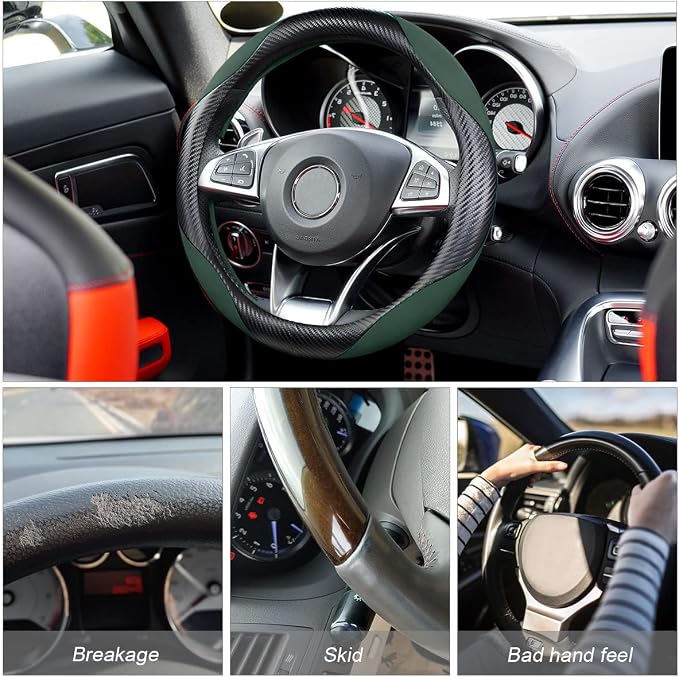 Steering Wheel Cover for Women and Men, Carbon Fiber Plush Steering Wheel Cover Soft Anti-Slip Comforting, Universal 15 Inches Steering Wheels Accessories (Carbon Fiber Black/Green)