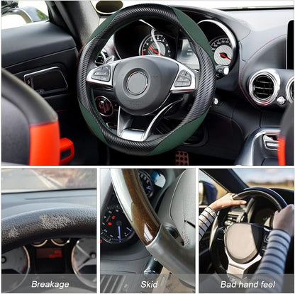 Steering Wheel Cover for Women and Men, Carbon Fiber Plush Steering Wheel Cover Soft Anti-Slip Comforting, Universal 15 Inches Steering Wheels Accessories (Carbon Fiber Black/Green)