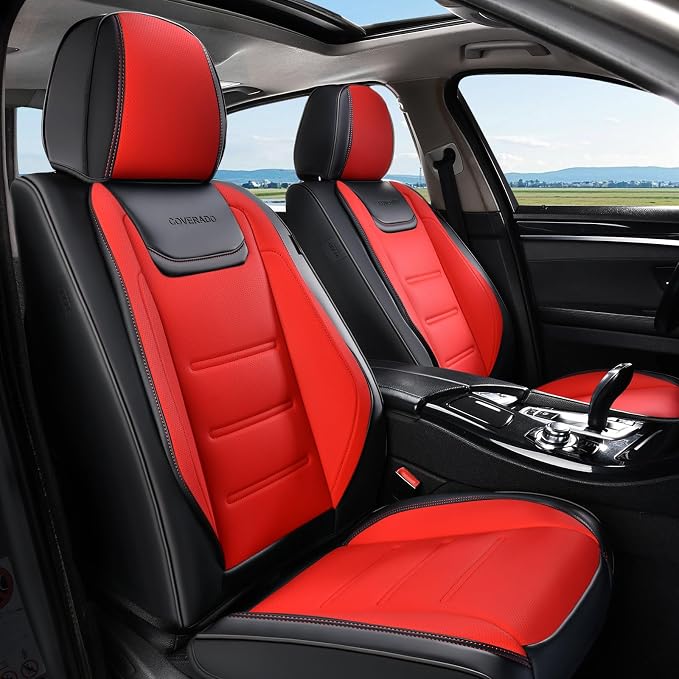 Coverado Car Seat Covers, Front Covers for Cars, Car Seat Cover Front Seats, Car Seat Protector Waterproof, Leather Car Seat Cushion, Universal Interior Covers Seat Protectors for Most Cars Black-Red