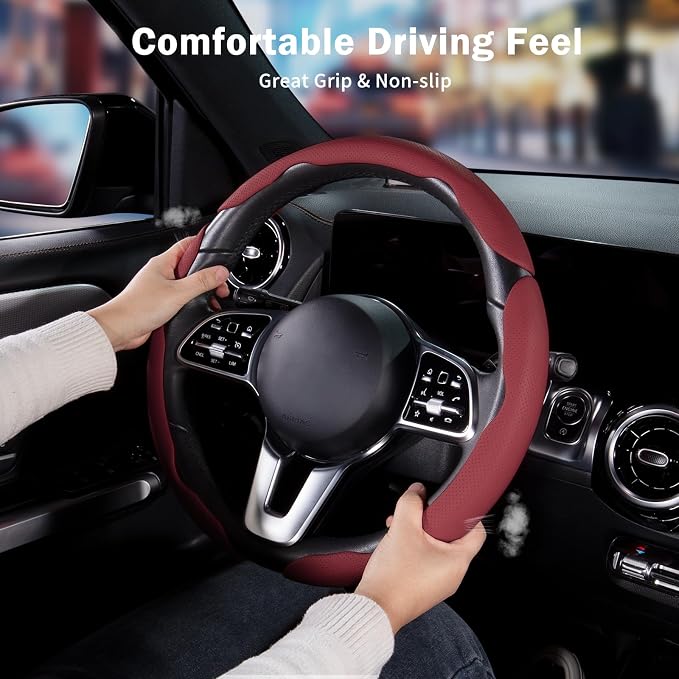 Nappa Leather Car Steering Wheel Cover for Men Women, Ultra-Thin Non-Slip Breathable Microfibre, Universal for 14.5"-15" Steering Wheel - Wine Red