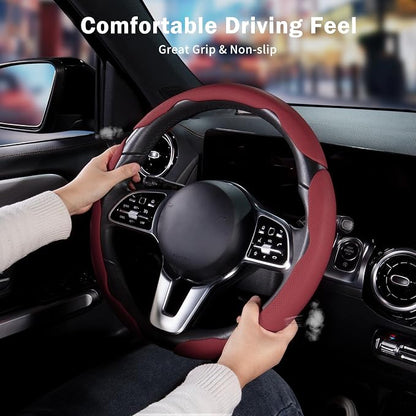 Nappa Leather Car Steering Wheel Cover for Men Women, Ultra-Thin Non-Slip Breathable Microfibre, Universal for 14.5"-15" Steering Wheel - Wine Red