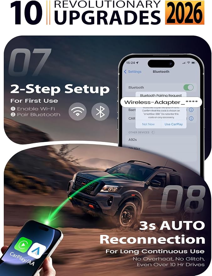 Wireless CarPlay Adapter & Android Auto Adapter, One-Click User Switch, Fast & Stable, Converts Wired to Wireless, Stable Connection Car Play Dongle for iOS 10+ / Android 11+ (Purple)