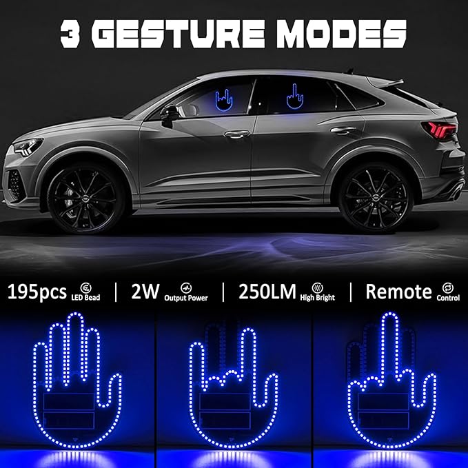 DIBMS Car Gesture Decorative Lights, Ambient Lighting, Rechargeable LED Gesture Lights for Car Road Rage LED Signs Calm Road Rage, Remote Control Triple Mode Fun Finger Lights (Blue)