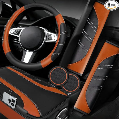 NBTEPEM 6 Pcs Brown Car Accessories Set, Sport Leather Steering Wheel Cover 14.5-15inch Universal, Microfiber Leather Car Center Console Cover, Seat Belt Cushion, Cup Holder Coaster (Black-Brown)