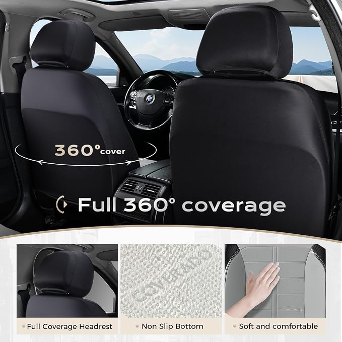 Coverado Front Seat Leather Covers, Full Leather Construction with Carbon Fibre Weave, Universal Fit for Most Cars SUV Trucks (Gray)