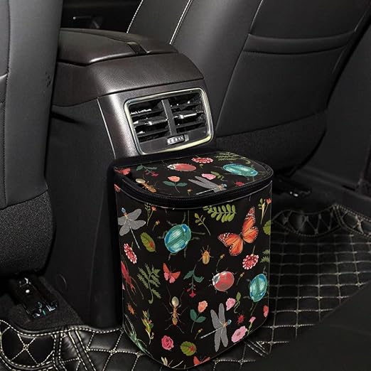 Car Trash Can with Lid and Zipper Cottagecore Insect Butterfly Dragon Beetle Print Collapsible Trash Bin Hanging Back of Seat Multipurpose Garbage Can for Women Storage Bag Organizer