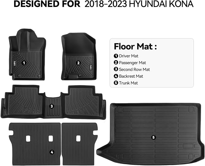 Floor Mats for Hyundai Kona 2018-2023 (No for EV), Trunk Mat and Backrest Mat All Weather TPE Protector for Hyundai Kona Accessories