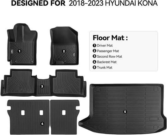 Floor Mats for Hyundai Kona 2018-2023 (No for EV), Trunk Mat and Backrest Mat All Weather TPE Protector for Hyundai Kona Accessories