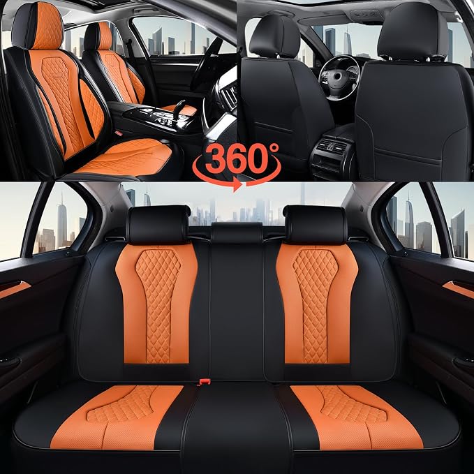 Coverado Automotive Seat Covers, Car Seat Covers Full Set, Orange Car Seat Cover, Driver Seat Covers, Luxury Car Seat Cushion,Leather Seat Cover Seat Protector Fit for Most Cars